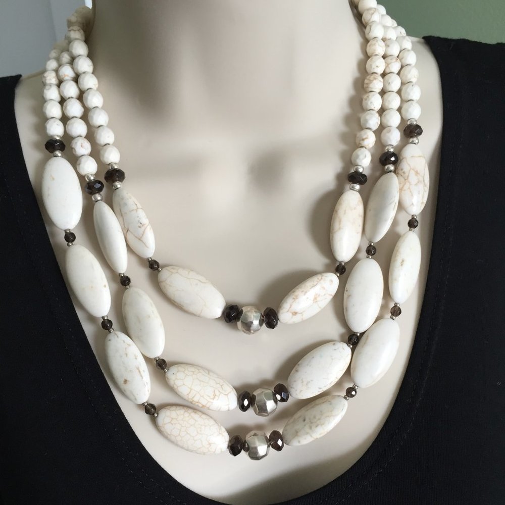 Silpada Sterling Silver White Howlite Stone Beaded Three Strand Bib Necklace